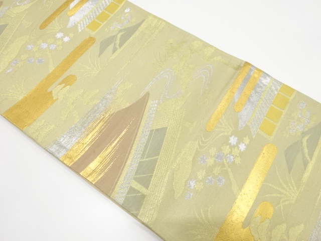 アンティーク　屋敷に流水・草花模様織り出し袋帯（着用可）